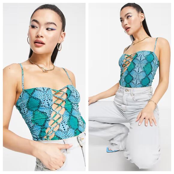 AFRM Teal Snake Print Side Tie Bodysuit Size S/P - Picture 1 of 9